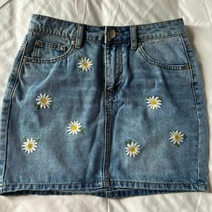 Daisy Embroidered Blue Jean Miniskirt